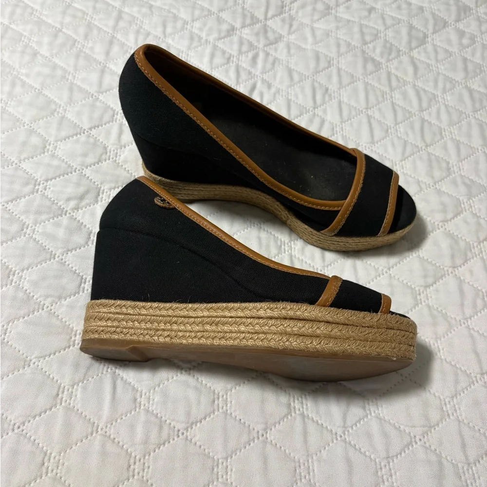 Tory Burch Majorca Canvas Black and Tan Wedges - Picture 2 of 9